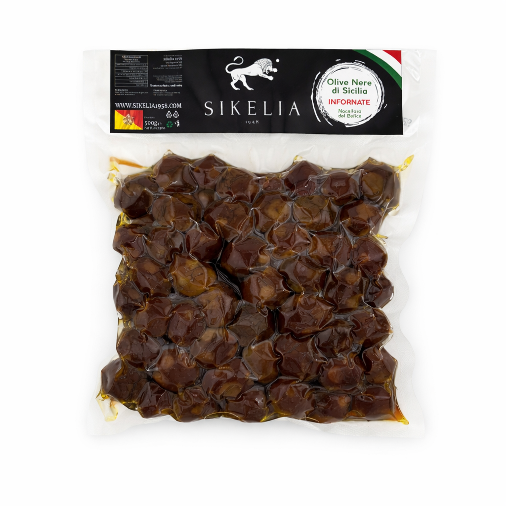 Schwarze gebackene Nocellara del Belice Oliven 500 g | Sikelia 1958